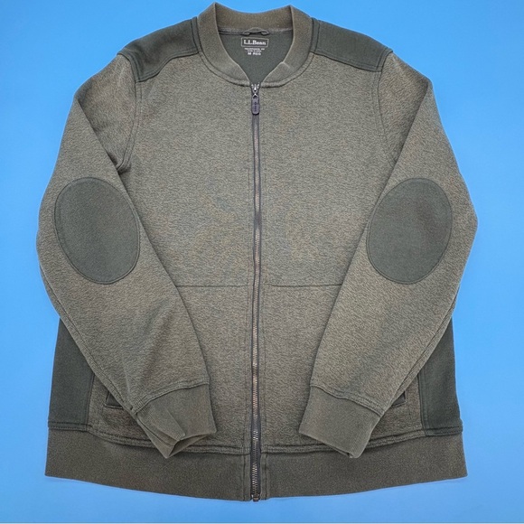 L.L. Bean Men's Green Full Zip Sweater Two-Tone Elbow Patches Cotton Size Medium - Picture 1 of 12